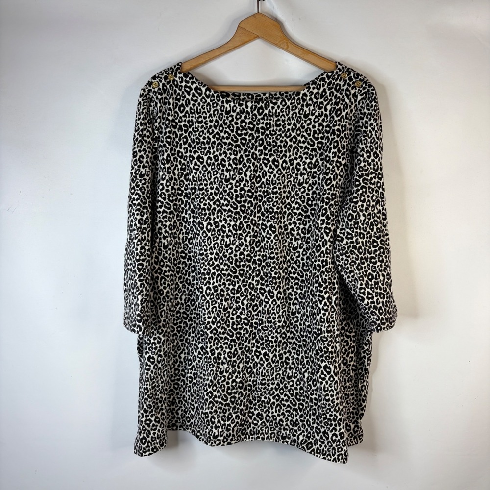 Jessica London Tunic Women 30/32 Black White Leopard Print Button Shoulder
